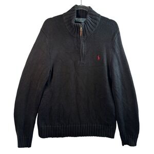Polo Ralph Lauren Mens Quarter Zip Sweater Black Cotton Knit Pony Logo Medium M
